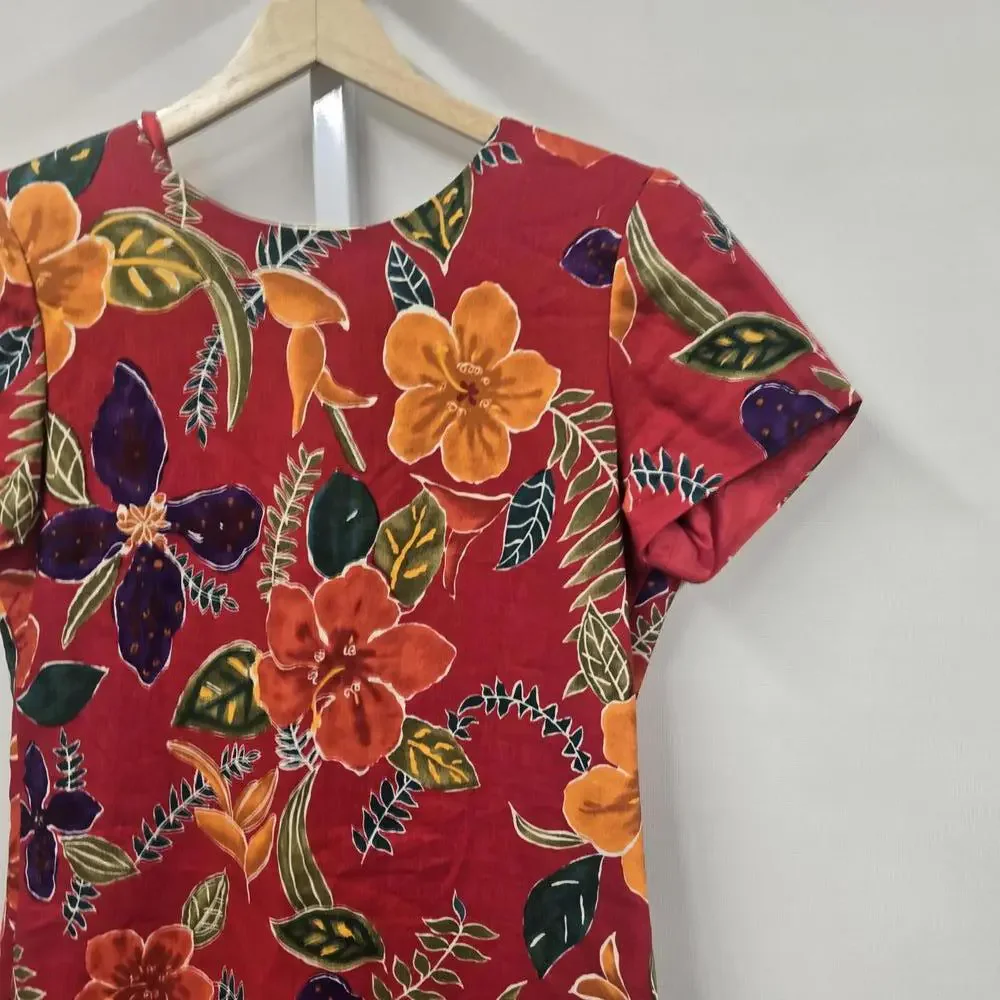 Vintage Liz Claiborne Petite Floral Linen Dress - Vibrant Red Floral - Picture 2 of 6